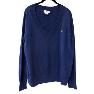 Vineyard Vines Heritage V-Neck Sweater Navy Blue Cotton Long Sleeve Ribbed Trim